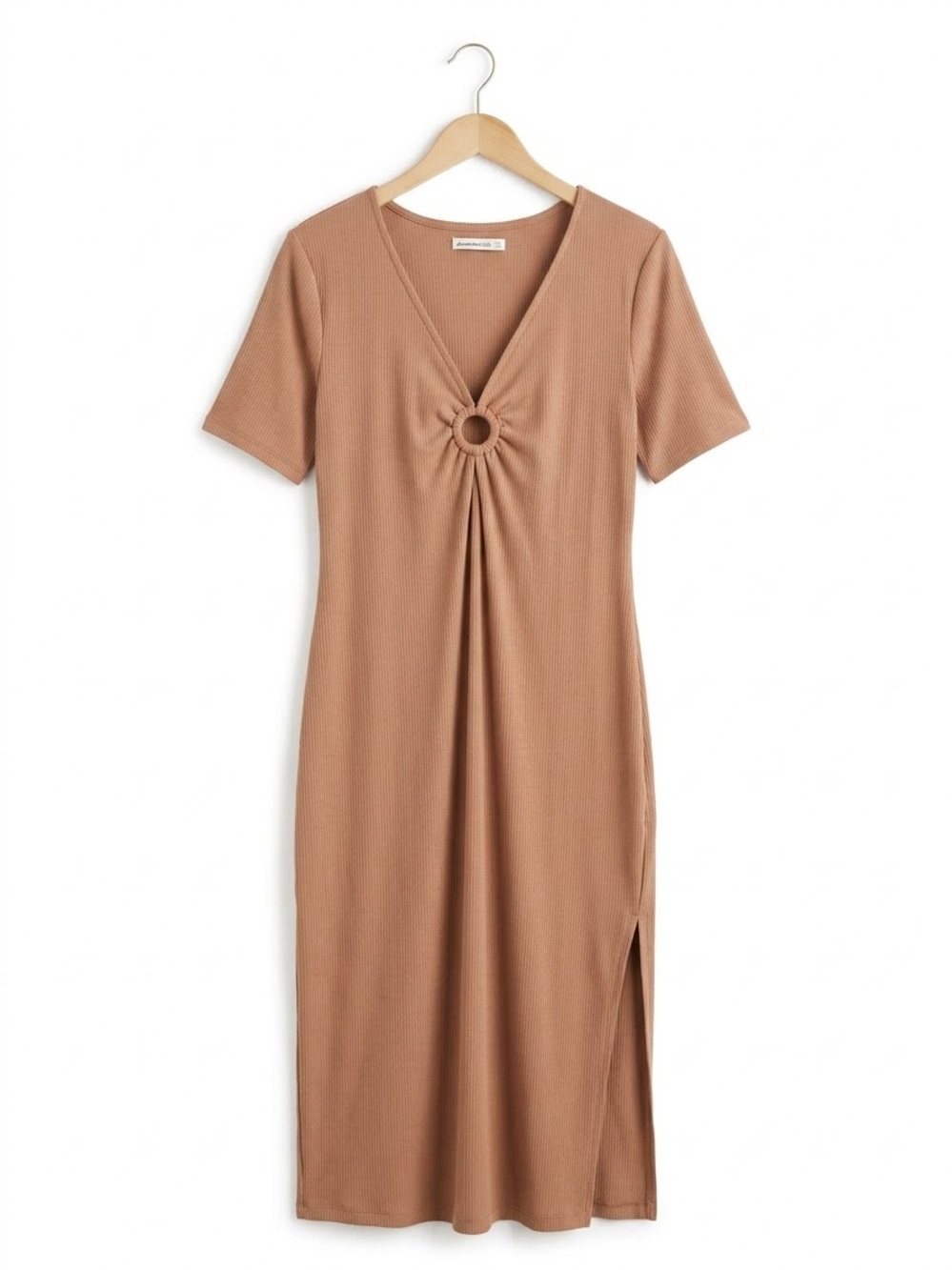 Abercrombie & Fitch Tan Ring-Detail V-Neck Midi Dress
